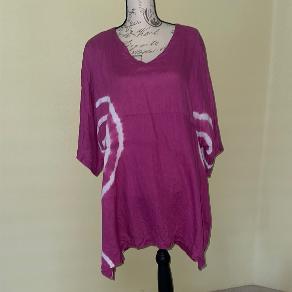 Magenta Linen Tie-Dye Tunic Top - Size Large
